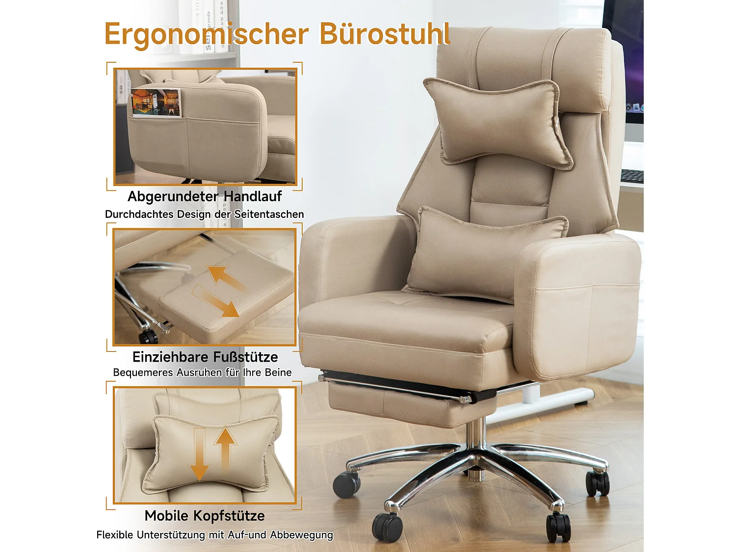 Fauteuil de bureau direction - avec soutien lombaire et appui-tête - inclinaison à 155° - beige