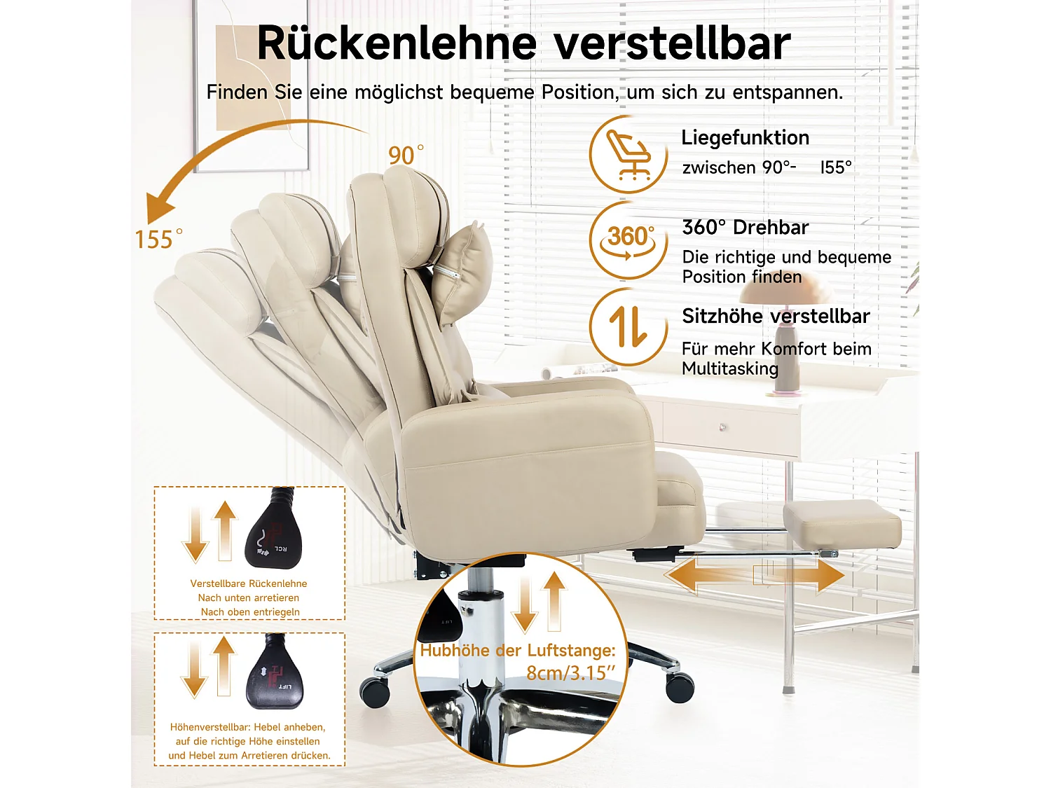 Fauteuil de bureau direction - avec soutien lombaire et appui-tête - inclinaison à 155° - beige