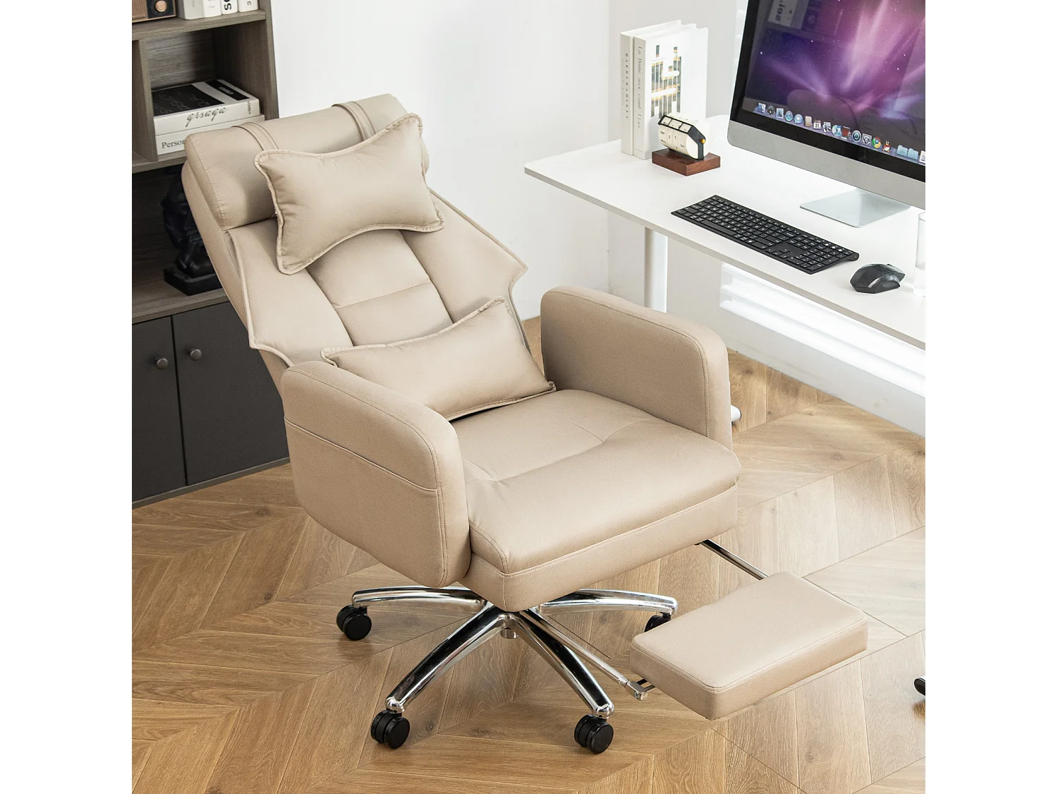 Fauteuil de bureau direction - avec soutien lombaire et appui-tête - inclinaison à 155° - beige