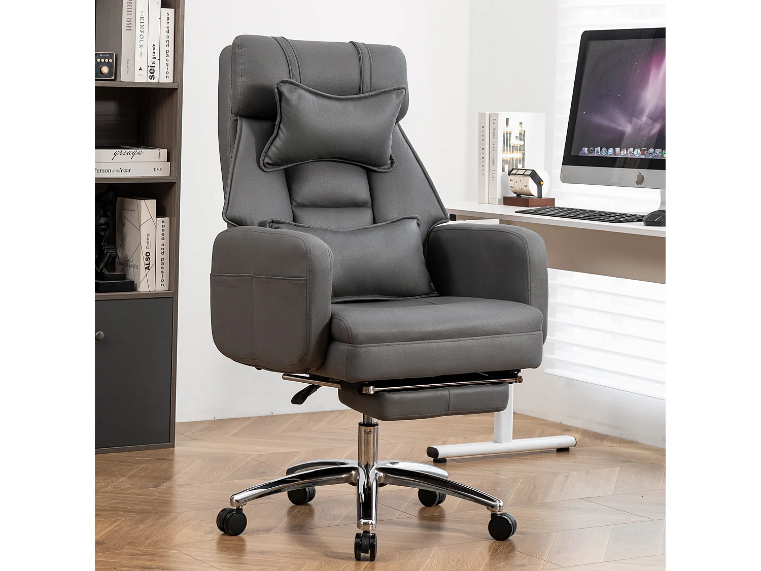 Fauteuil de bureau direction - avec soutien lombaire et appui-tête - inclinaison à 155° - gris