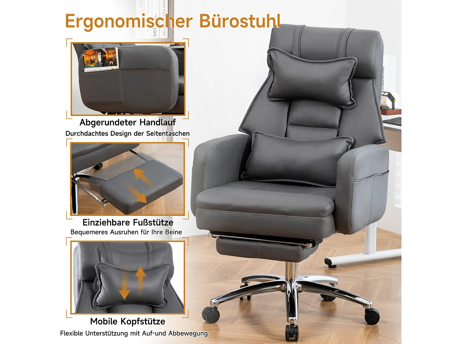 Fauteuil de bureau direction - avec soutien lombaire et appui-tête - inclinaison à 155° - gris