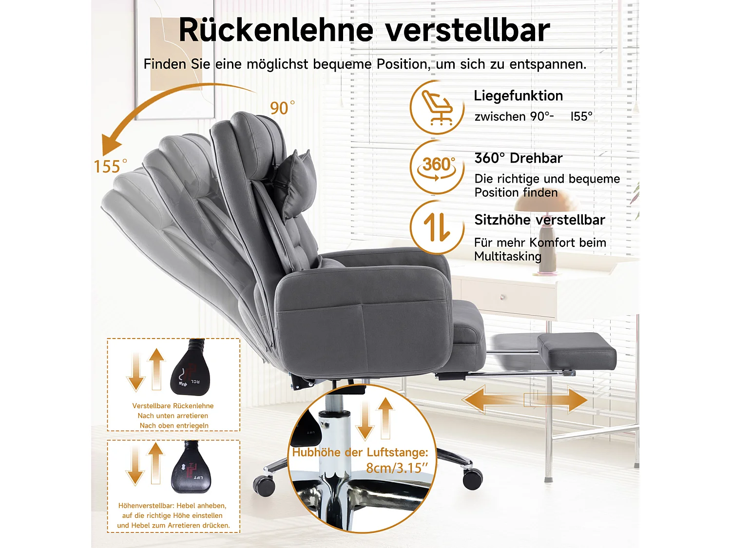 Fauteuil de bureau direction - avec soutien lombaire et appui-tête - inclinaison à 155° - gris