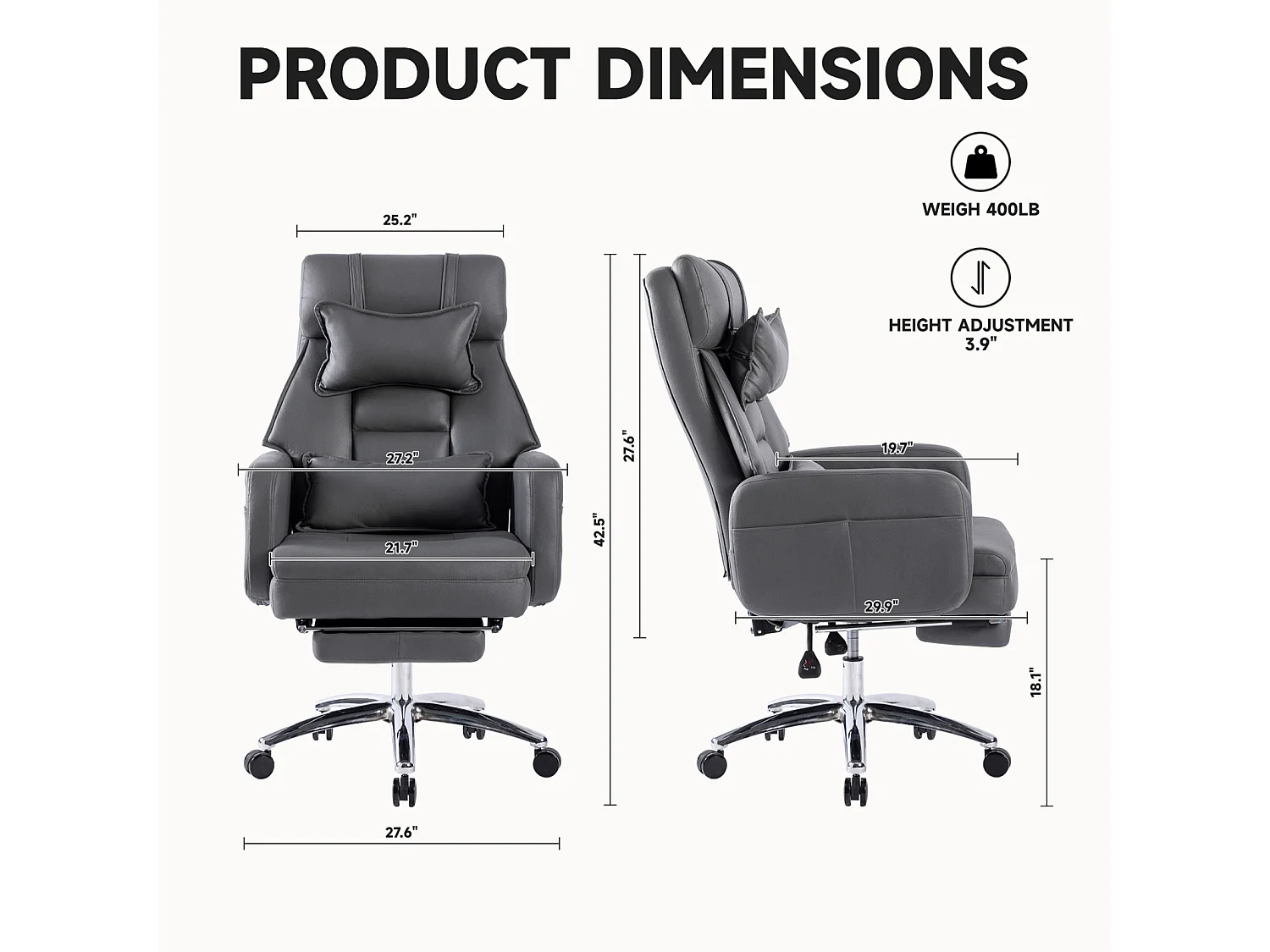 Fauteuil de bureau direction - avec soutien lombaire et appui-tête - inclinaison à 155° - gris