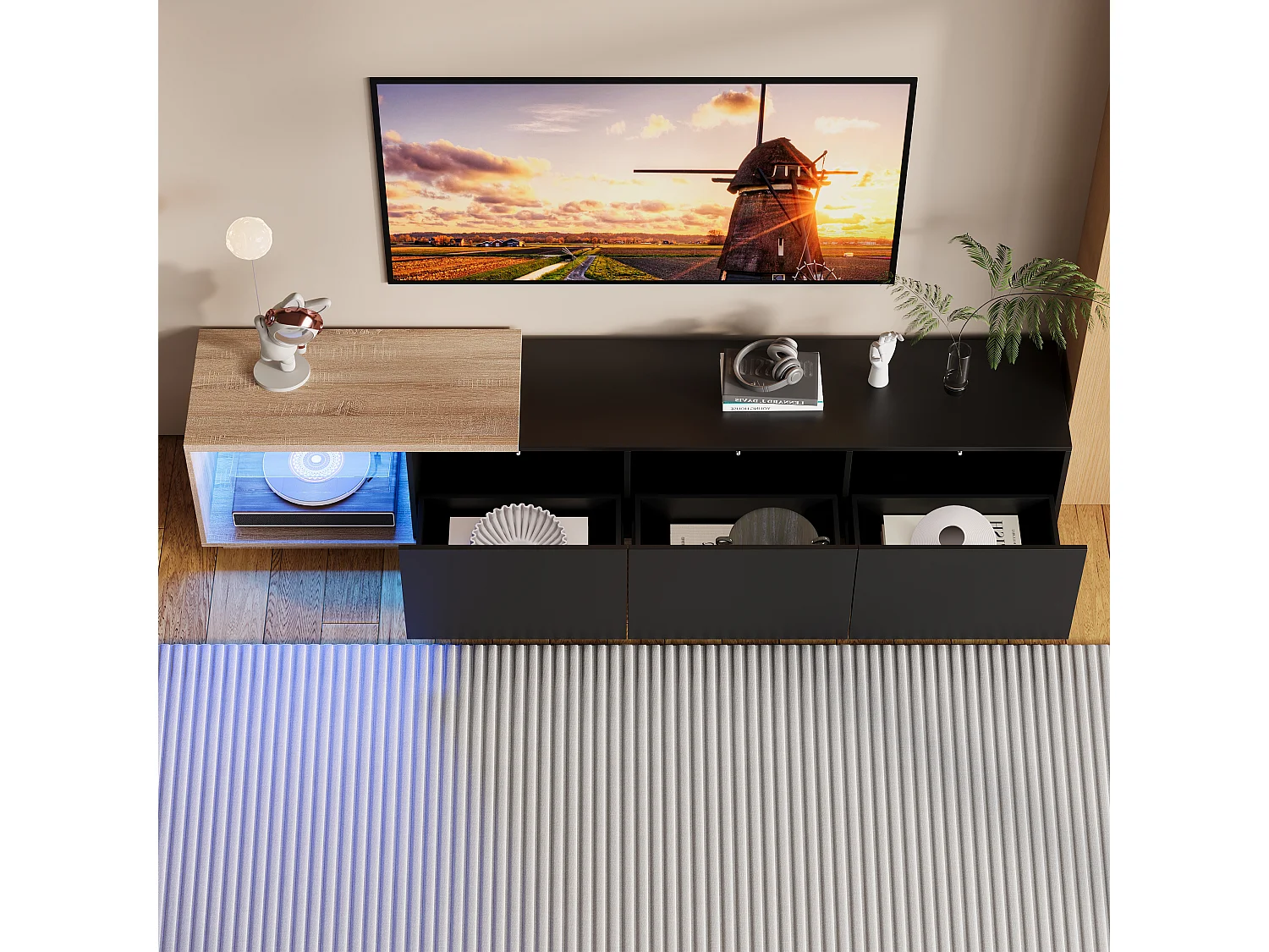 Meuble TV LED - avec 3 tiroirs - bois - noir - 240 × 38 × 44 cm