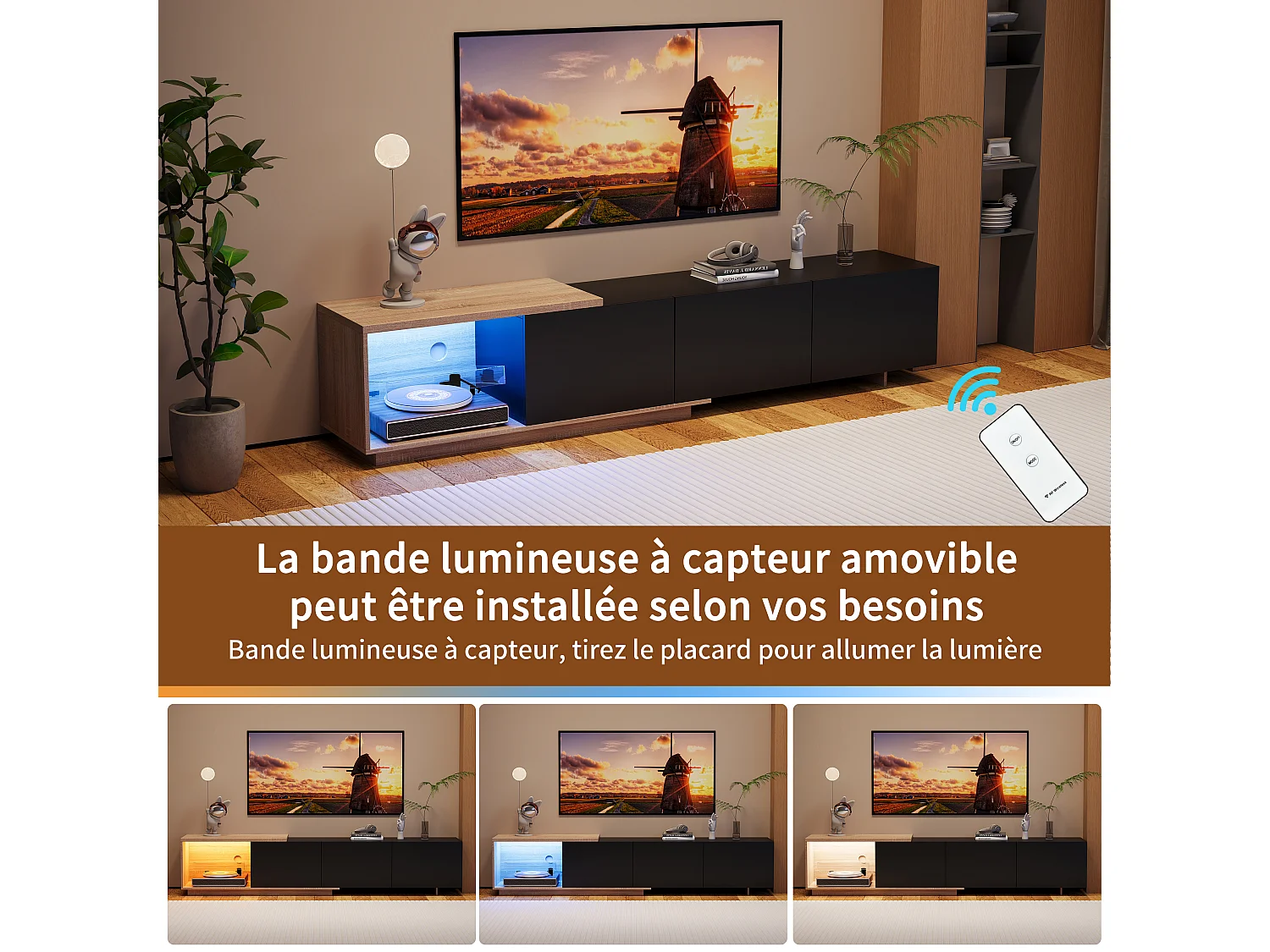 Meuble TV LED - avec 3 tiroirs - bois - noir - 240 × 38 × 44 cm