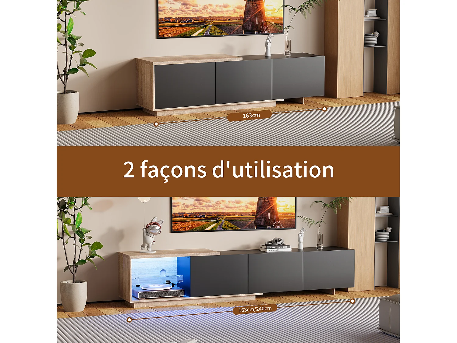 Meuble TV LED - avec 3 tiroirs - bois - noir - 240 × 38 × 44 cm