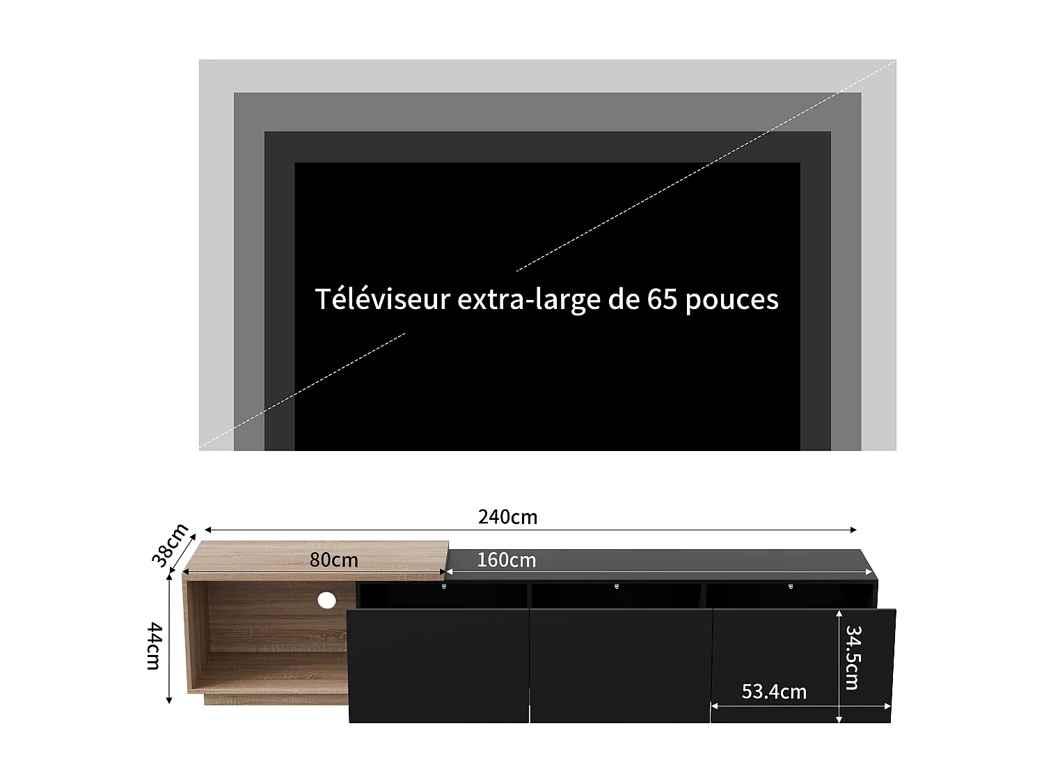 Meuble TV LED - avec 3 tiroirs - bois - noir - 240 × 38 × 44 cm