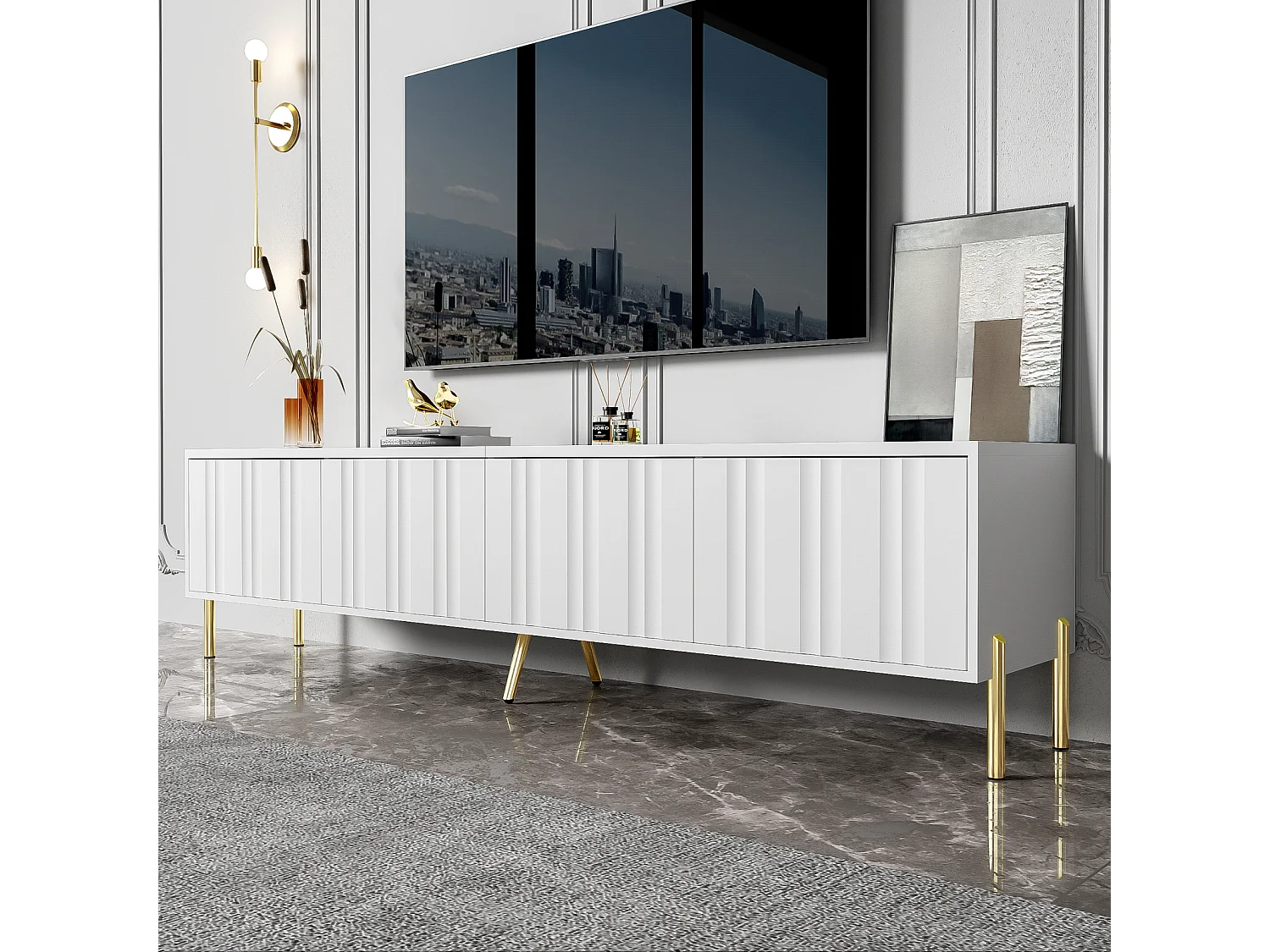 Meuble TV - 190 cm (L) x 38 cm (l) x 48 cm (H) - pieds de table dorés - blanc