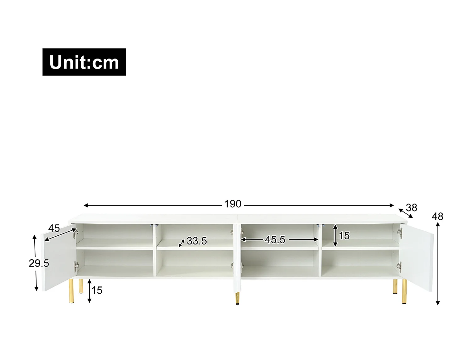Meuble TV - 190 cm (L) x 38 cm (l) x 48 cm (H) - pieds de table dorés - blanc