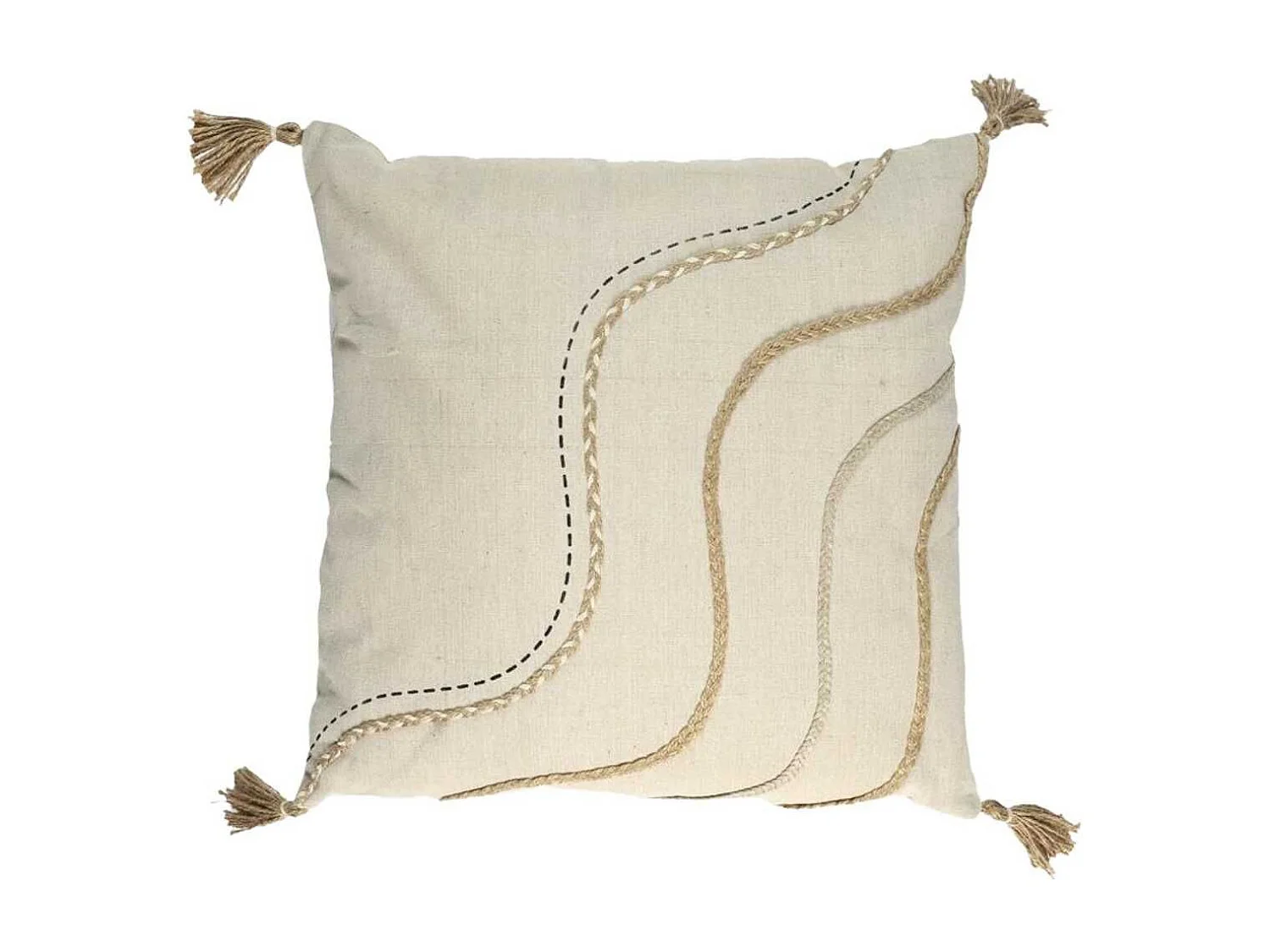 Coussin 40x40cm Beige Motifs Vagues Tressés avec Pompons - KAKOE