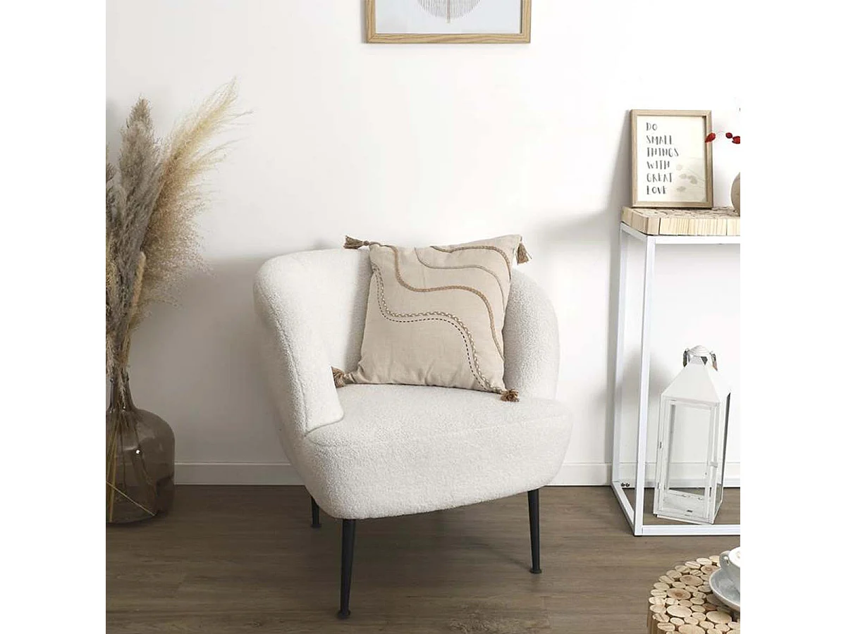 Coussin 40x40cm Beige Motifs Vagues Tressés avec Pompons - KAKOE