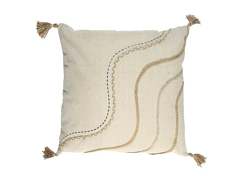 Coussin 40x40cm Beige Motifs Vagues Tressés avec Pompons - KAKOE