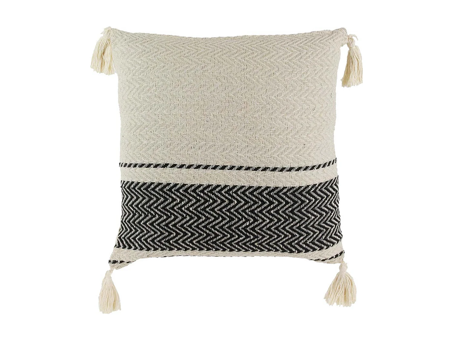 Coussin 40x40cm Style Berbère Beige Motifs Géométriques Noirs avec Pompons Déhoussable - KALDIA