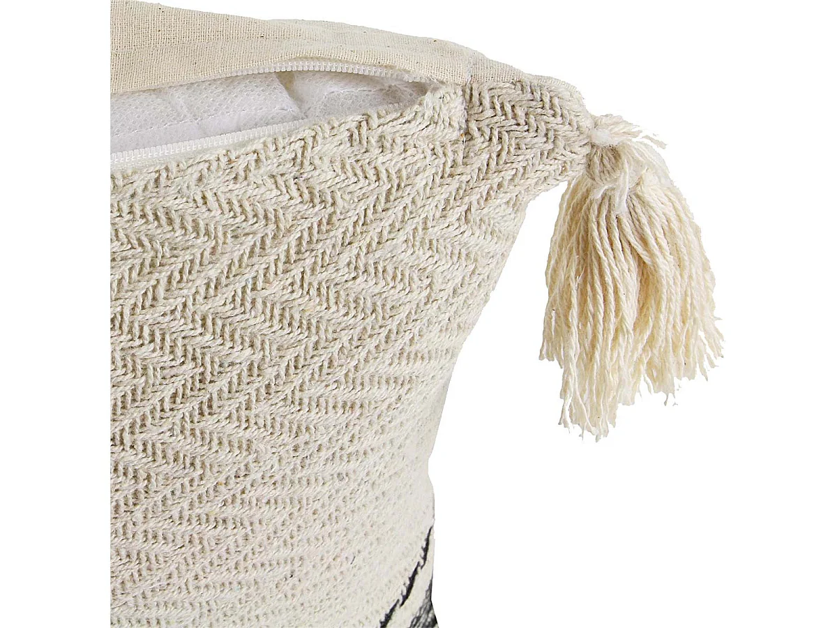 Coussin 40x40cm Style Berbère Beige Motifs Géométriques Noirs avec Pompons Déhoussable - KALDIA