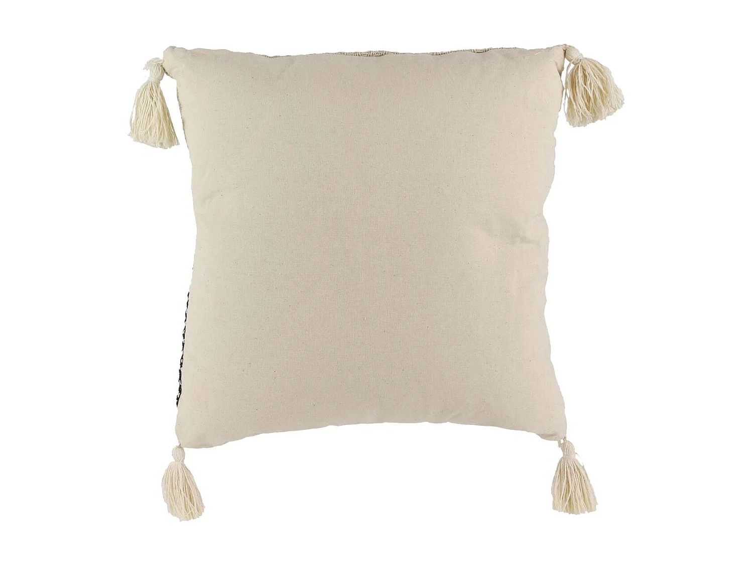 Coussin 40x40cm Style Berbère Beige Motifs Géométriques Noirs avec Pompons Déhoussable - KALDIA