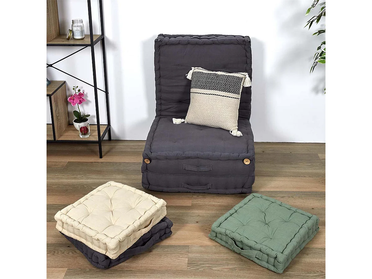 Coussin 40x40cm Style Berbère Beige Motifs Géométriques Noirs avec Pompons Déhoussable - KALDIA