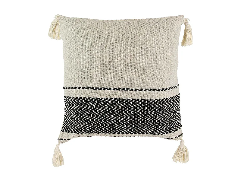 Coussin 40x40cm Style Berbère Beige Motifs Géométriques Noirs avec Pompons Déhoussable - KALDIA