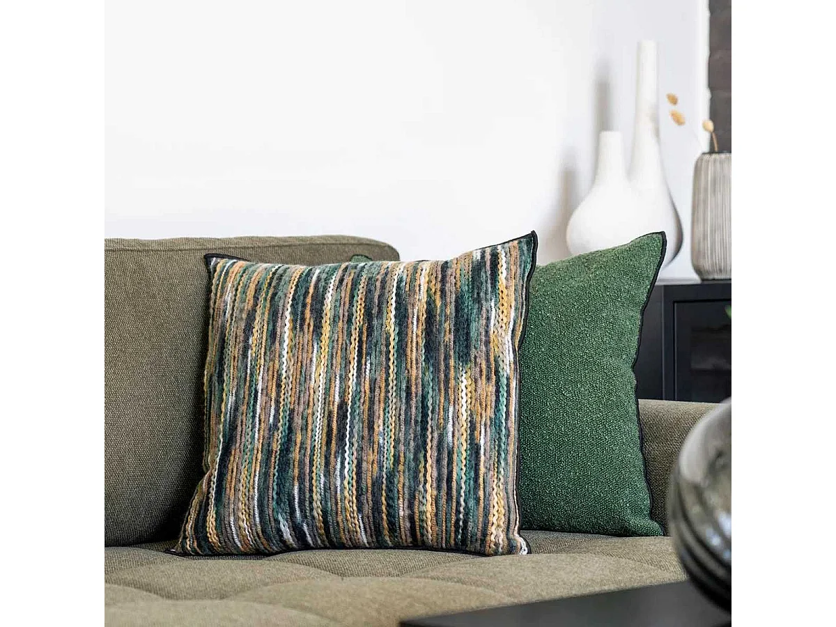 Coussin Déco Carré Recto Rayé Lainage multicolore et Verso Noir - AMYRA