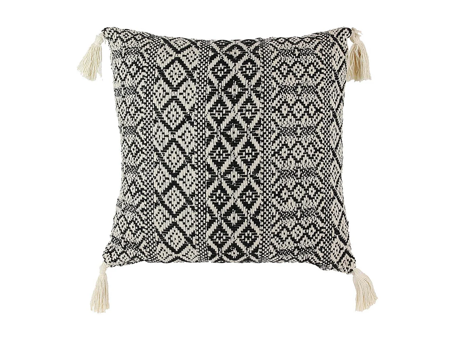 Coussin 40x40cm Style Ethnique Noir et Blanc Déhoussable avec Pompons - RAFY