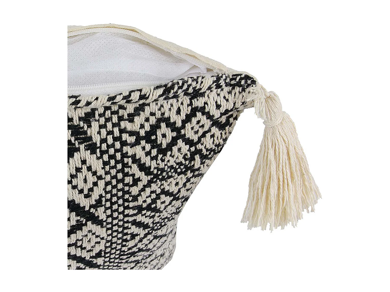 Coussin 40x40cm Style Ethnique Noir et Blanc Déhoussable avec Pompons - RAFY
