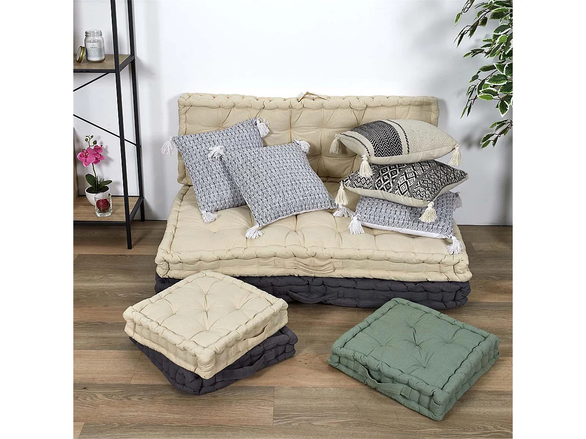 Coussin 40x40cm Style Ethnique Noir et Blanc Déhoussable avec Pompons - RAFY