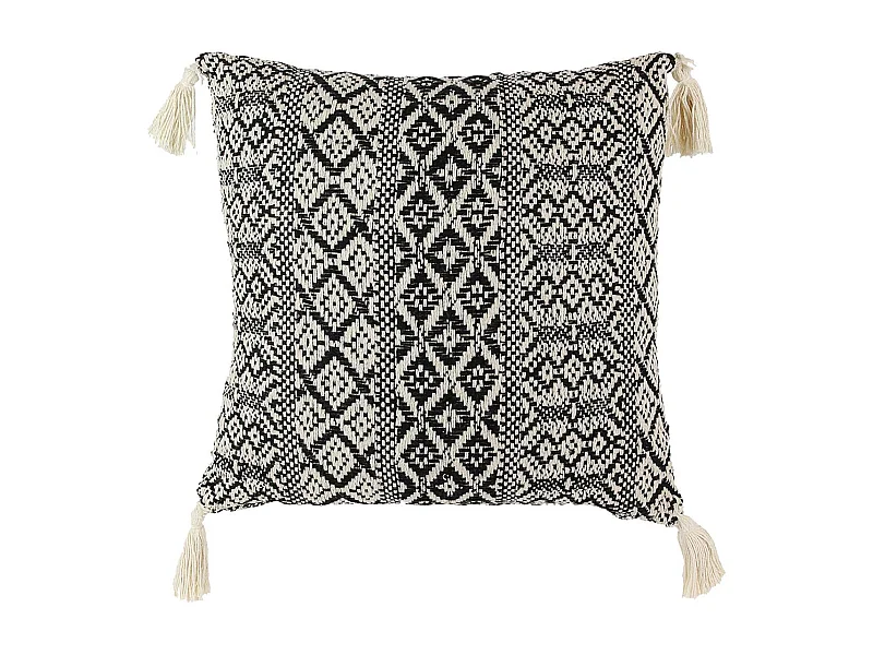 Coussin 40x40cm Style Ethnique Noir et Blanc Déhoussable avec Pompons - RAFY