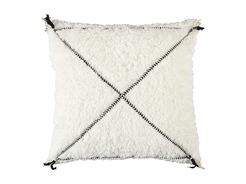 Coussin Sherpa 40x40cm Blanc Motif Géométrique Tressé Noir - FARYA