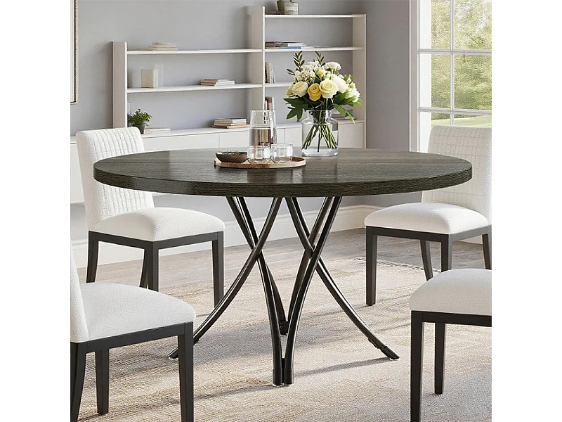 Table de salle à manger ronde  pour 4 personnes, table de cuisine en bois avec pieds croisés en métal robustes, noir