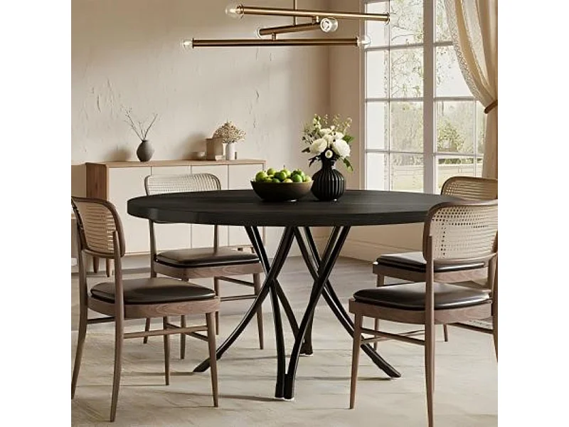 Table de salle à manger ronde  pour 4 personnes, table de cuisine en bois avec pieds croisés en métal robustes, noir