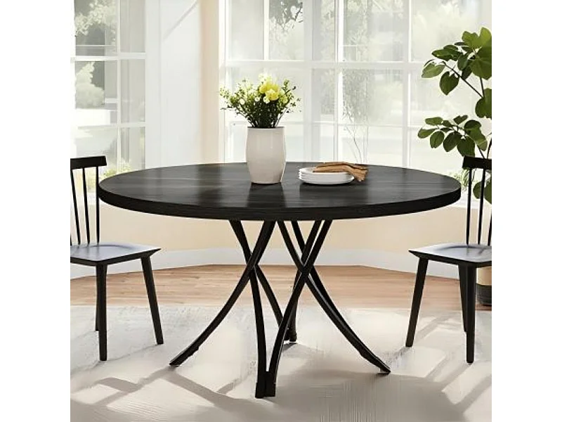 Table de salle à manger ronde  pour 4 personnes, table de cuisine en bois avec pieds croisés en métal robustes, noir