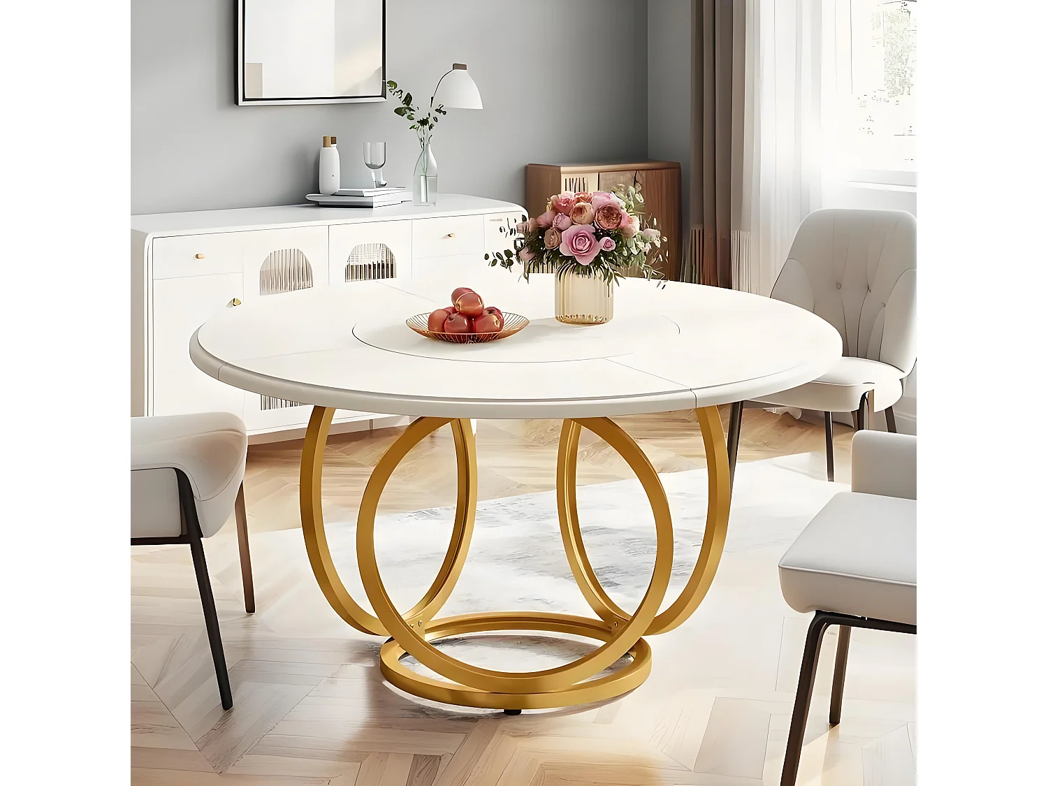 Table ronde blanche pour 4 personnes, grande table de cuisine de 119 cm avec piètement en métal doré, table basse moderne pour cuisine, salle à manger, café (blanch