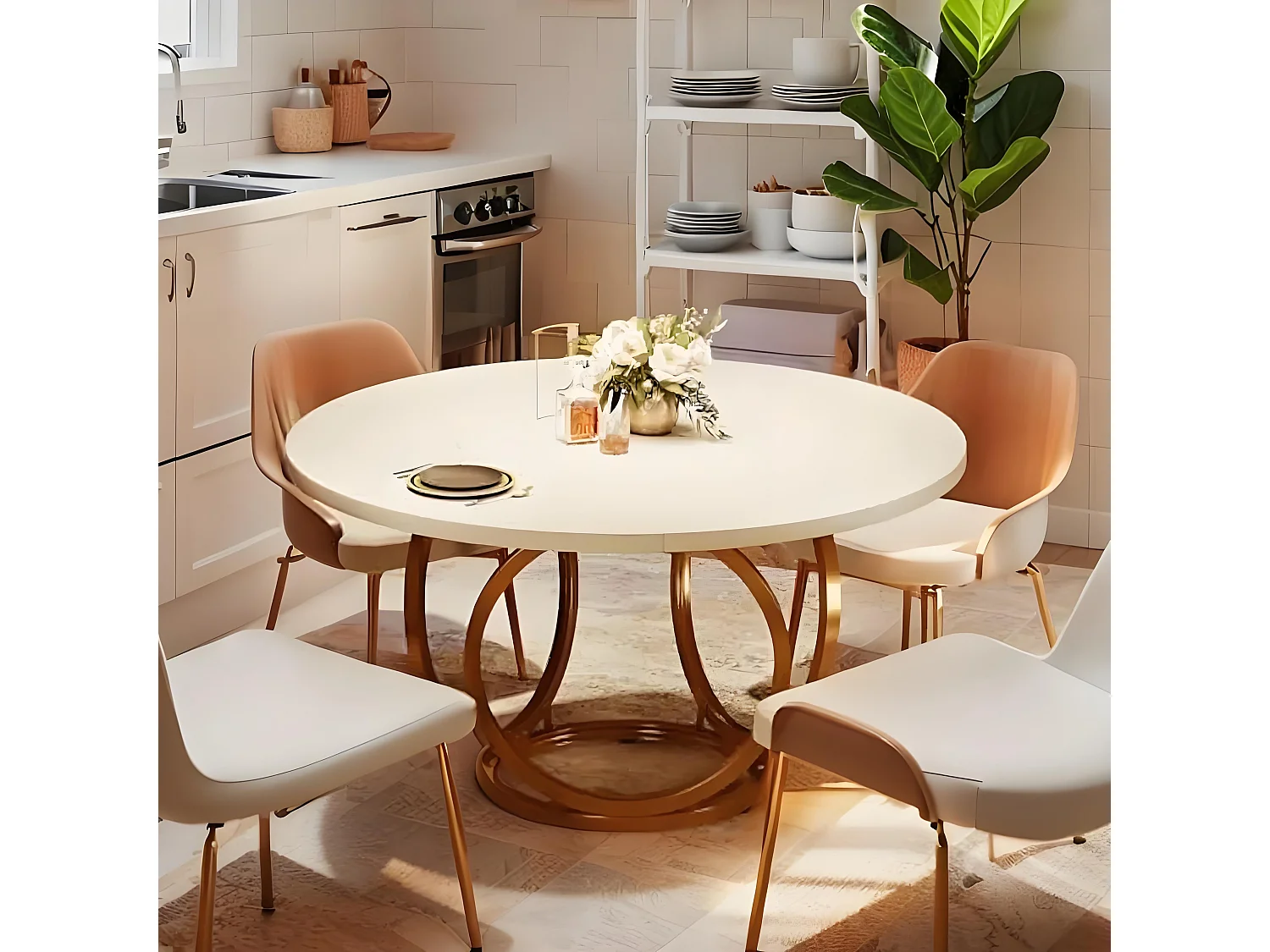 Table ronde blanche pour 4 personnes, grande table de cuisine de 119 cm avec piètement en métal doré, table basse moderne pour cuisine, salle à manger, café (blanch