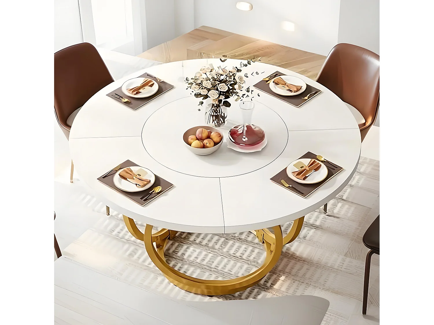 Table ronde blanche pour 4 personnes, grande table de cuisine de 119 cm avec piètement en métal doré, table basse moderne pour cuisine, salle à manger, café (blanch