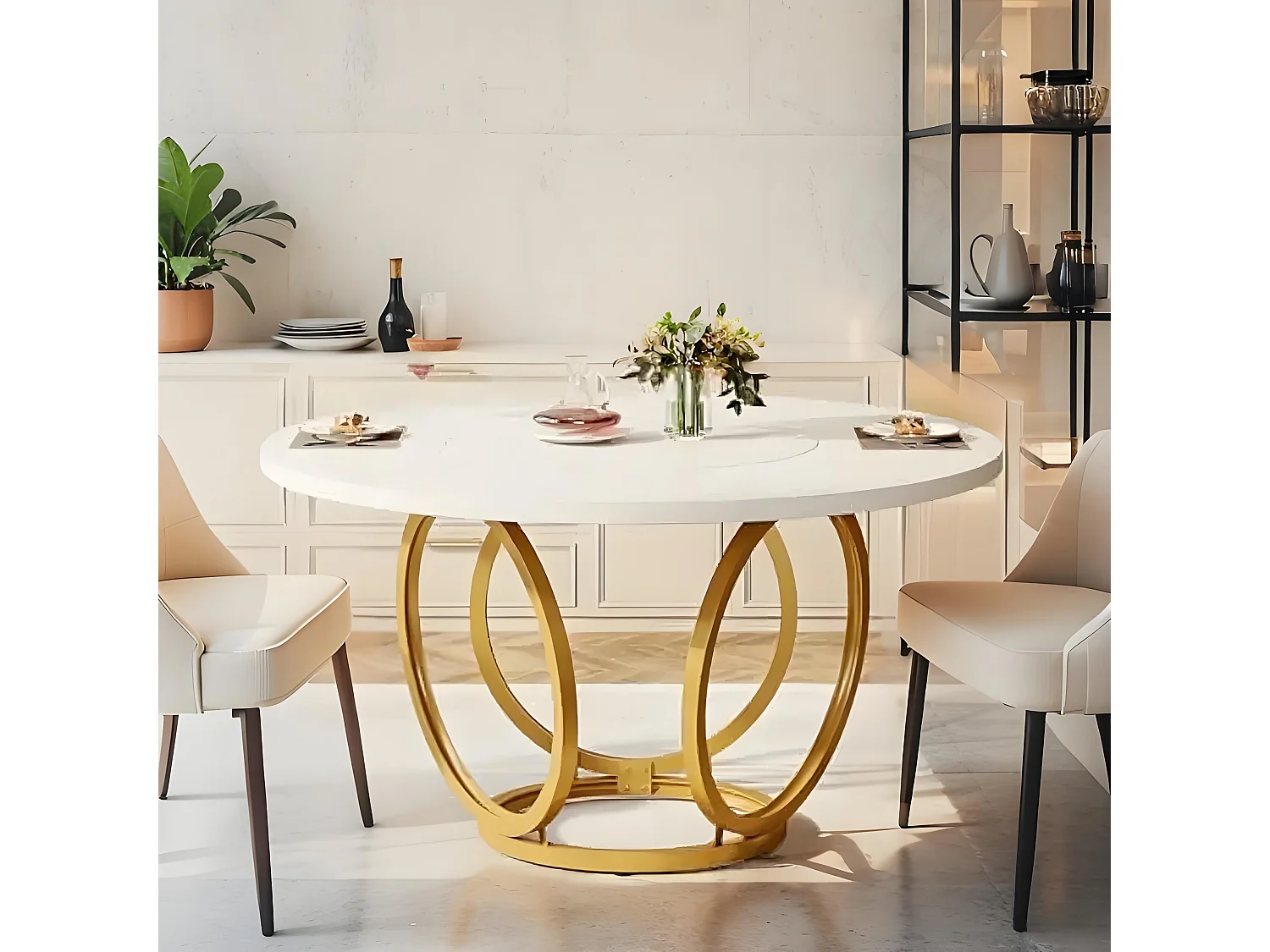 Table ronde blanche pour 4 personnes, grande table de cuisine de 119 cm avec piètement en métal doré, table basse moderne pour cuisine, salle à manger, café (blanch