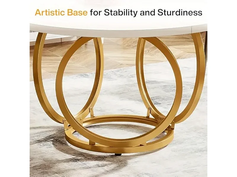 Table ronde blanche pour 4 personnes, grande table de cuisine de 119 cm avec piètement en métal doré, table basse moderne pour cuisine, salle à manger, café (blanch