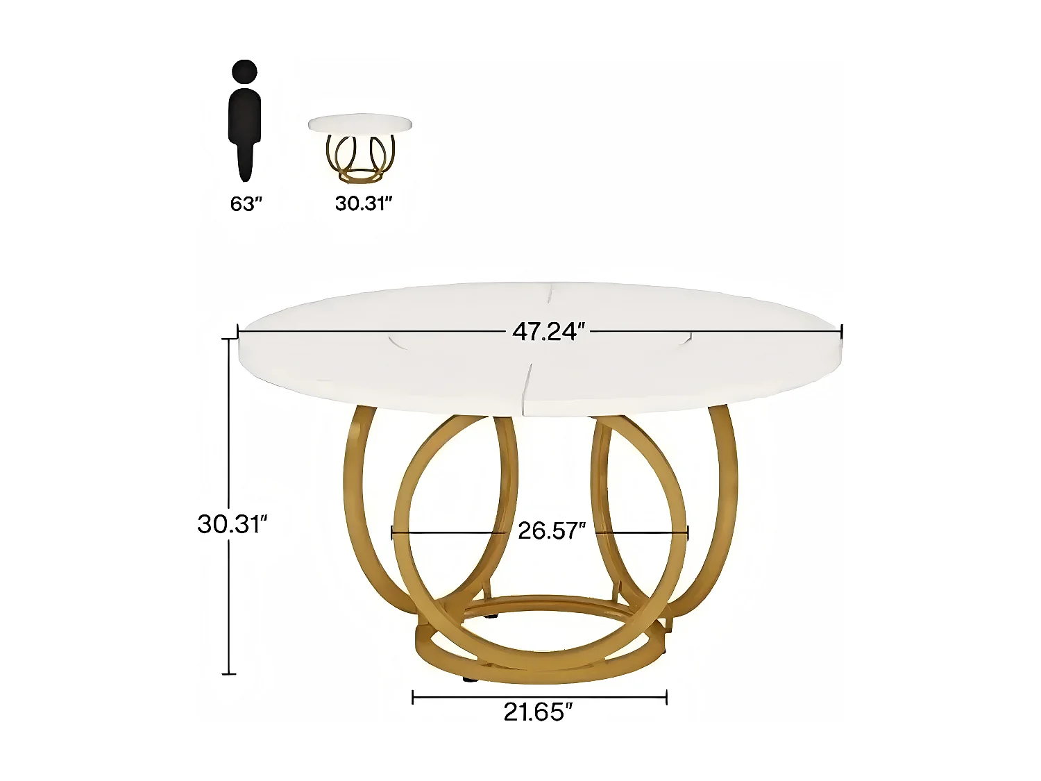 Table ronde blanche pour 4 personnes, grande table de cuisine de 119 cm avec piètement en métal doré, table basse moderne pour cuisine, salle à manger, café (blanch