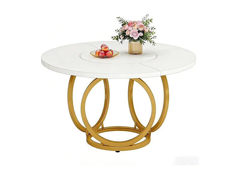 Table ronde blanche pour 4 personnes, grande table de cuisine de 119 cm avec piètement en métal doré, table basse moderne pour cuisine, salle à manger, café (blanch