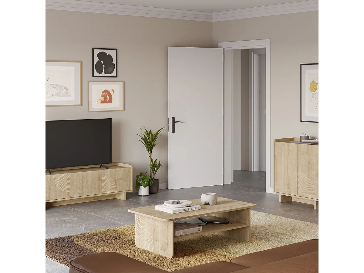 Table basse avec tablette en mélaminé imitation bois décor relief fraisé - RIAD