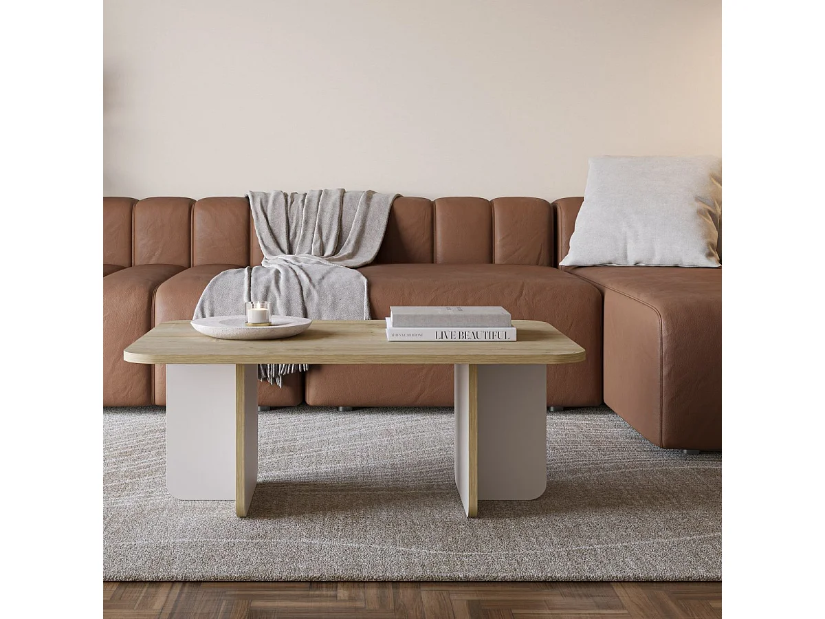 Table basse rectangulaire en mélaminé plateau imitation bois et piètement beige - HESTIA