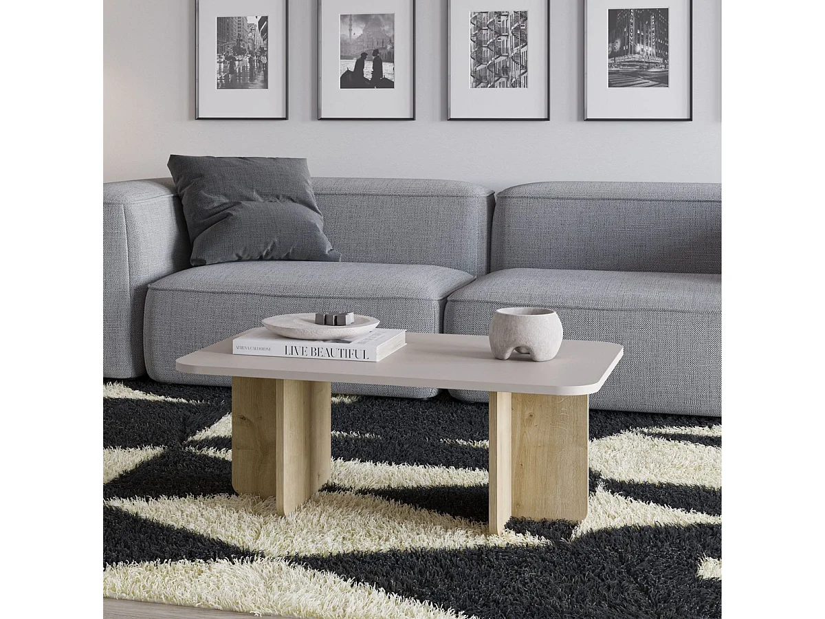 Table basse rectangulaire en mélaminé plateau beige et piètement imitation bois - HESTIA