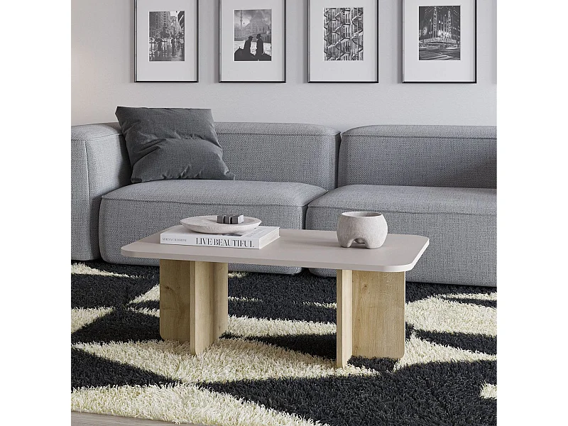 Table basse rectangulaire en mélaminé plateau beige et piètement imitation bois - HESTIA