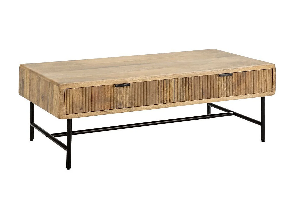 Table basse 2 tiroirs en manguier massif relief graphique vertical piètement métal laqué noir - MELKA