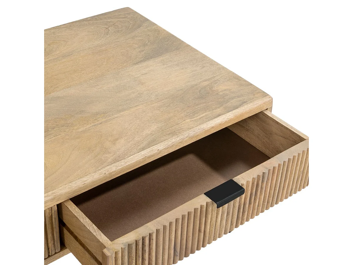 Table basse 2 tiroirs en manguier massif relief graphique vertical piètement métal laqué noir - MELKA