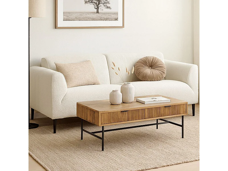 Table basse 2 tiroirs en manguier massif relief graphique vertical piètement métal laqué noir - MELKA