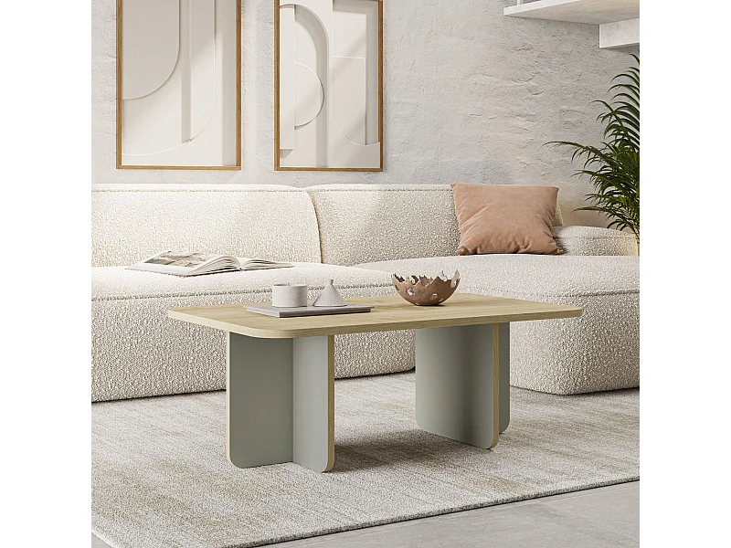 Table basse rectangulaire en mélaminé plateau imitation bois et piètement vert sauge - HESTIA