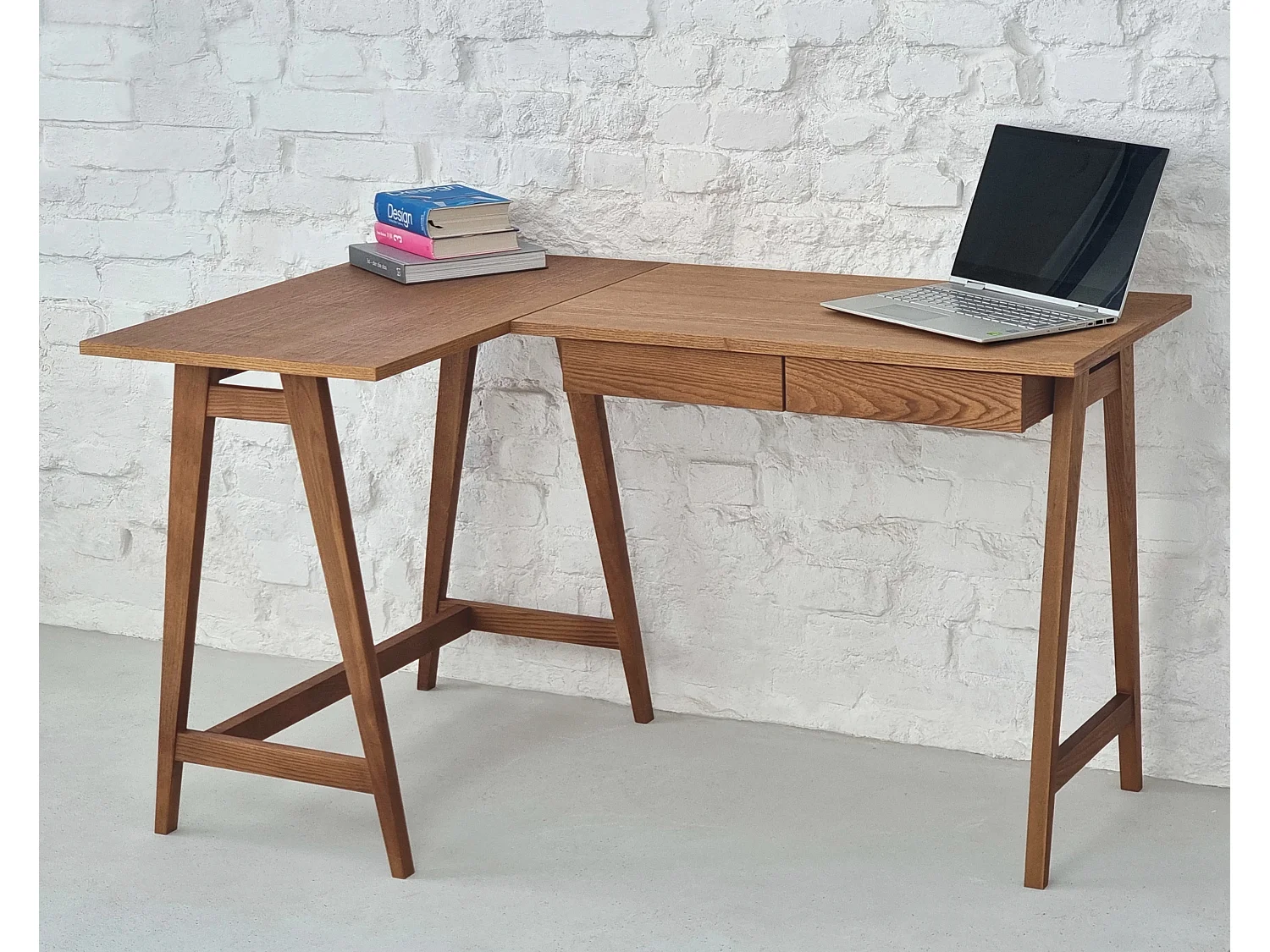 Bureau d'angle avec 2 tiroirs 135 x 85 cm Luka Frêne teinté noir | Côté gauche