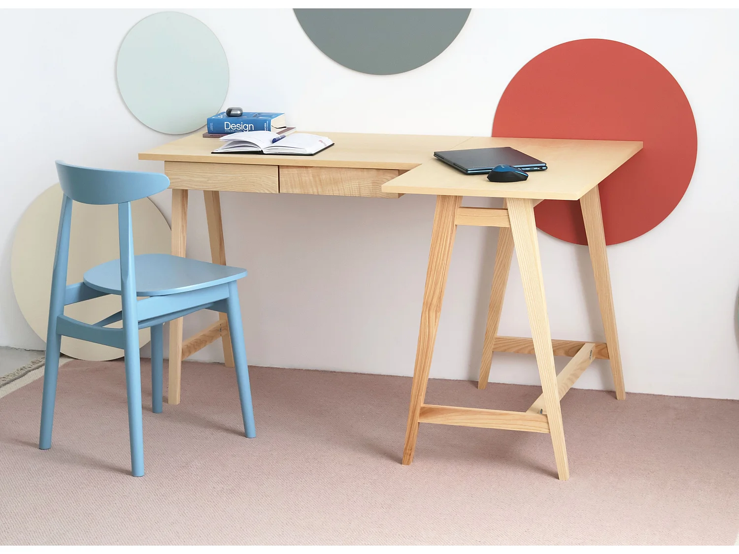 Bureau d'angle avec 2 tiroirs 135 x 85 cm Luka Frêne | Côté droit