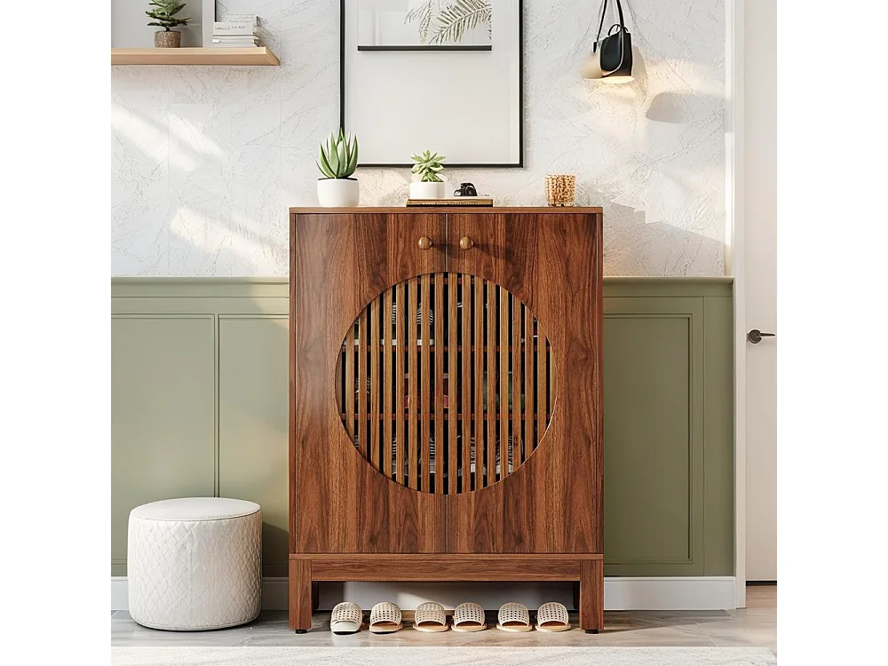 Meuble à Chaussures à 5 Niveaux avec Portes Rondes à persiennes, avec étagères réglables de rangement,73x35x101cm