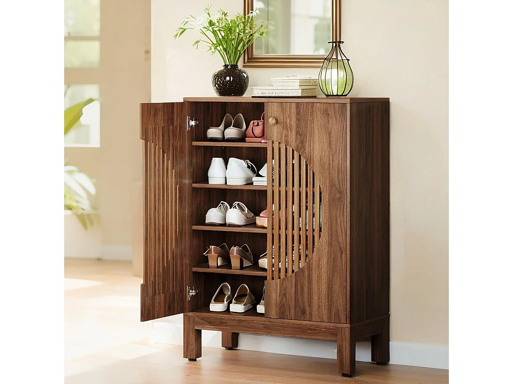 Meuble à Chaussures à 5 Niveaux avec Portes Rondes à persiennes, avec étagères réglables de rangement,73x35x101cm