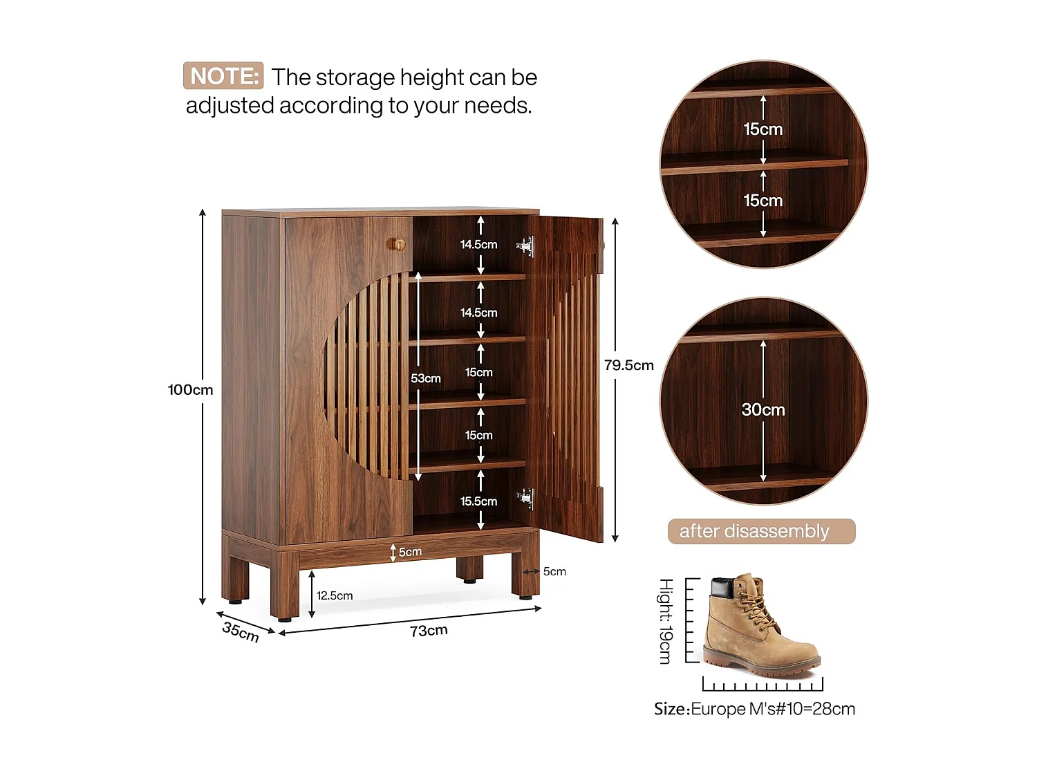 Meuble à Chaussures à 5 Niveaux avec Portes Rondes à persiennes, avec étagères réglables de rangement,73x35x101cm